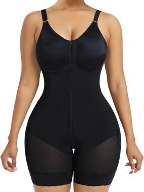 Black Full-Body Shaping Bodysuit with Front Zipper